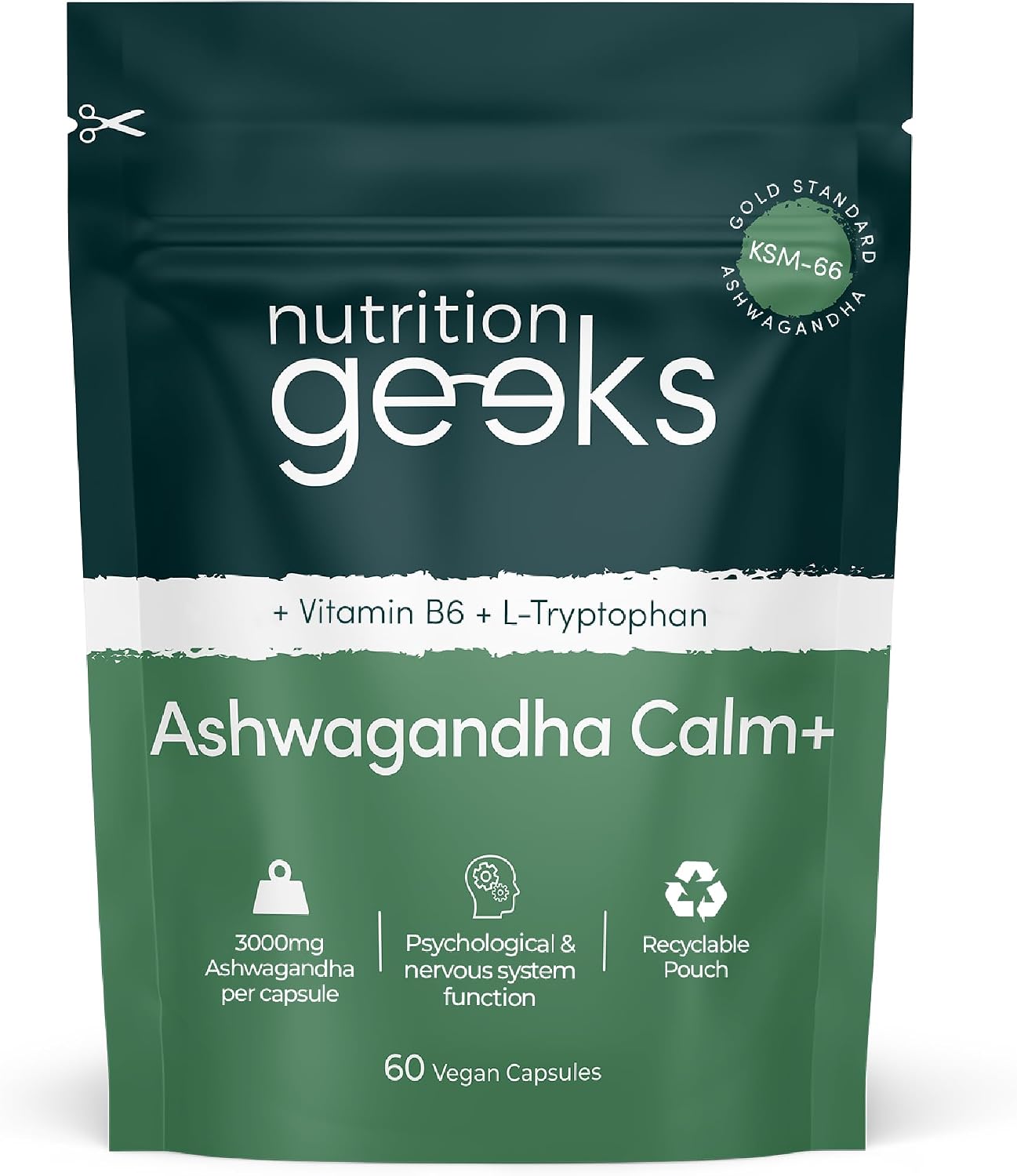 Nutrition Geeks Ashwagandha Calm+ 3000mg, vegan food supplement capsule packaging, no flavour, 60 capsules