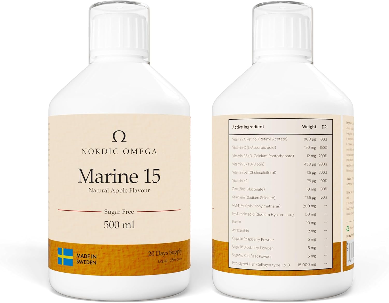 Nordic Omega Marine Collagen 15 liquid bottle natural apple flavour sugar free 500ml front & back bottle