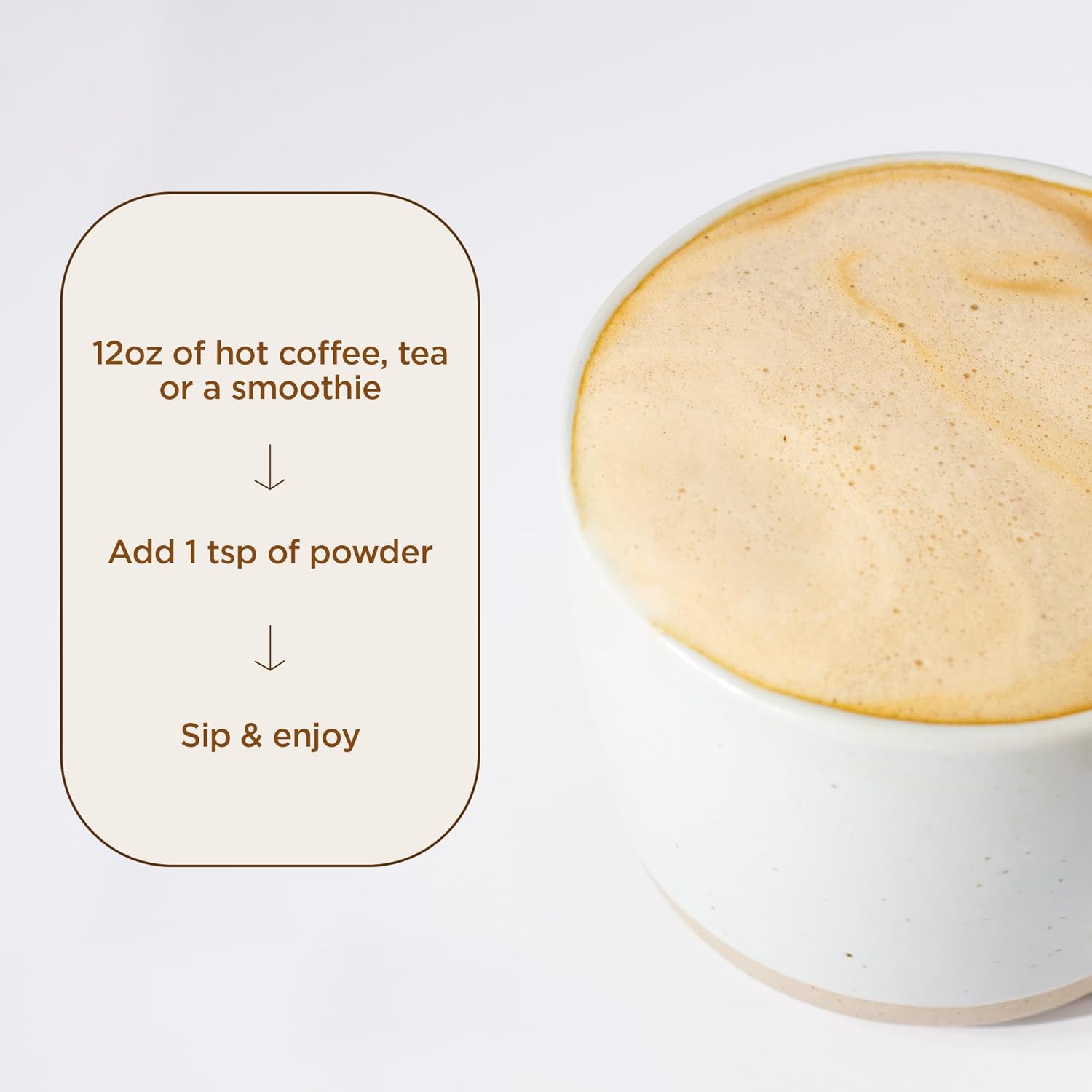 How to Use: Laird Superfood mushroom blend mixing instructions 90g on white background