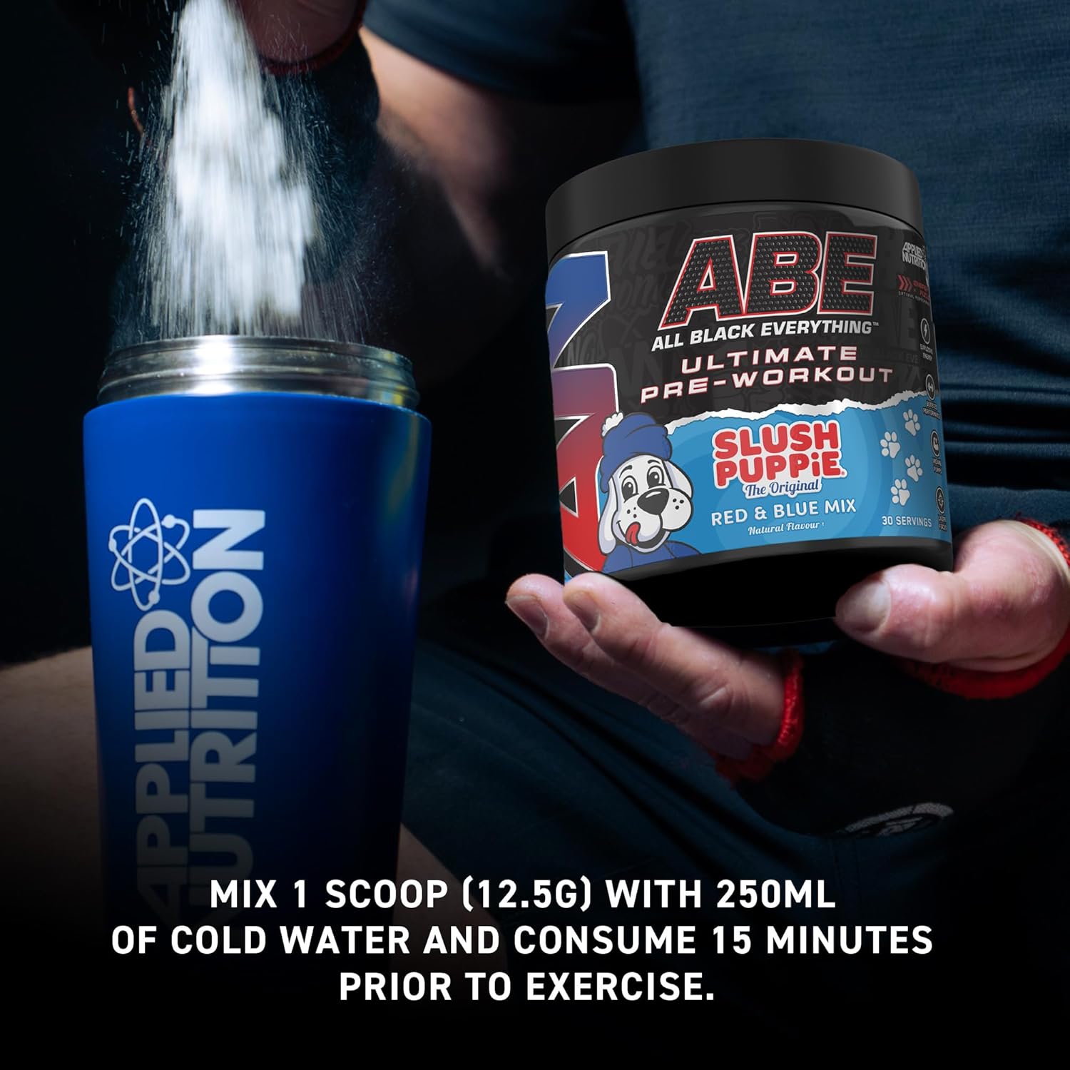 Scoop of ABE Slush Puppie powder next to a shaker bottle.