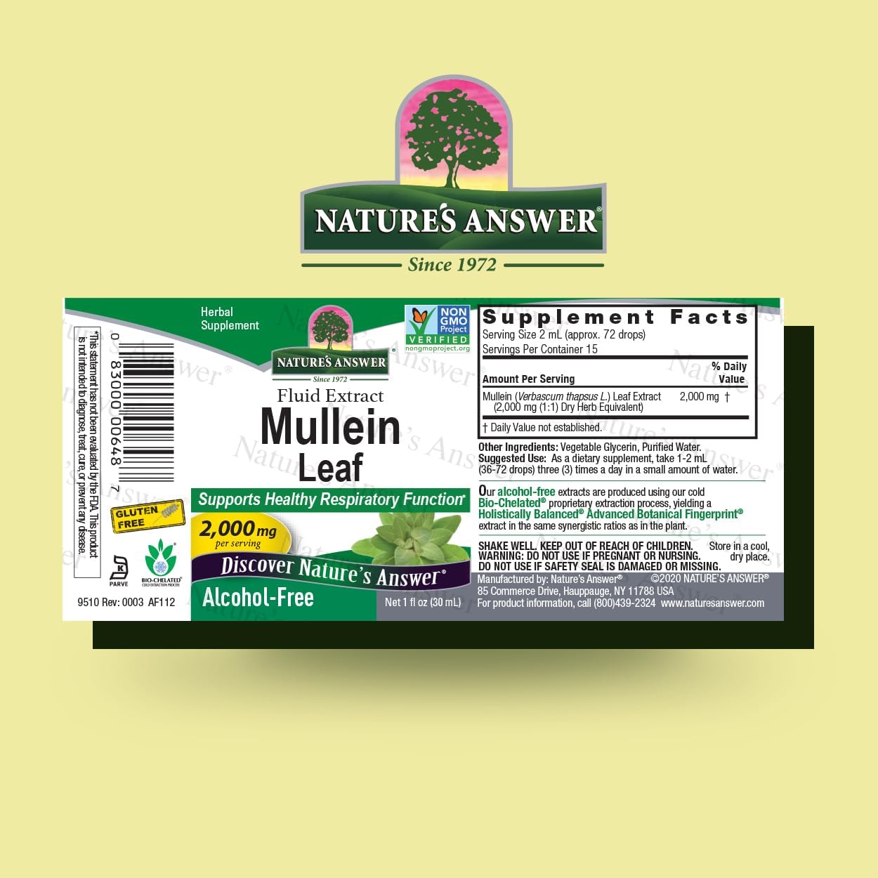 Nature’s Answer Mullein Leaf Extract alcohol-free herbal supplement 30ml barcode