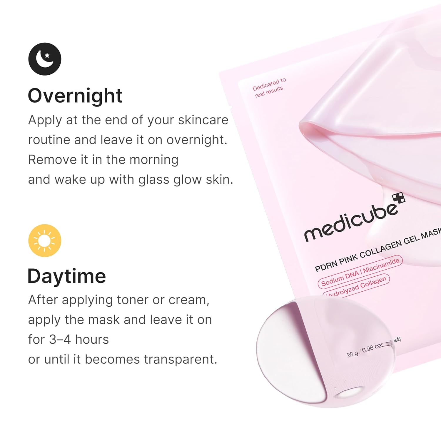 Medicube PDRN Pink Collagen Gel Mask, individual sachet packaging, fragrance not specified, 4 masks x 28g, application directions