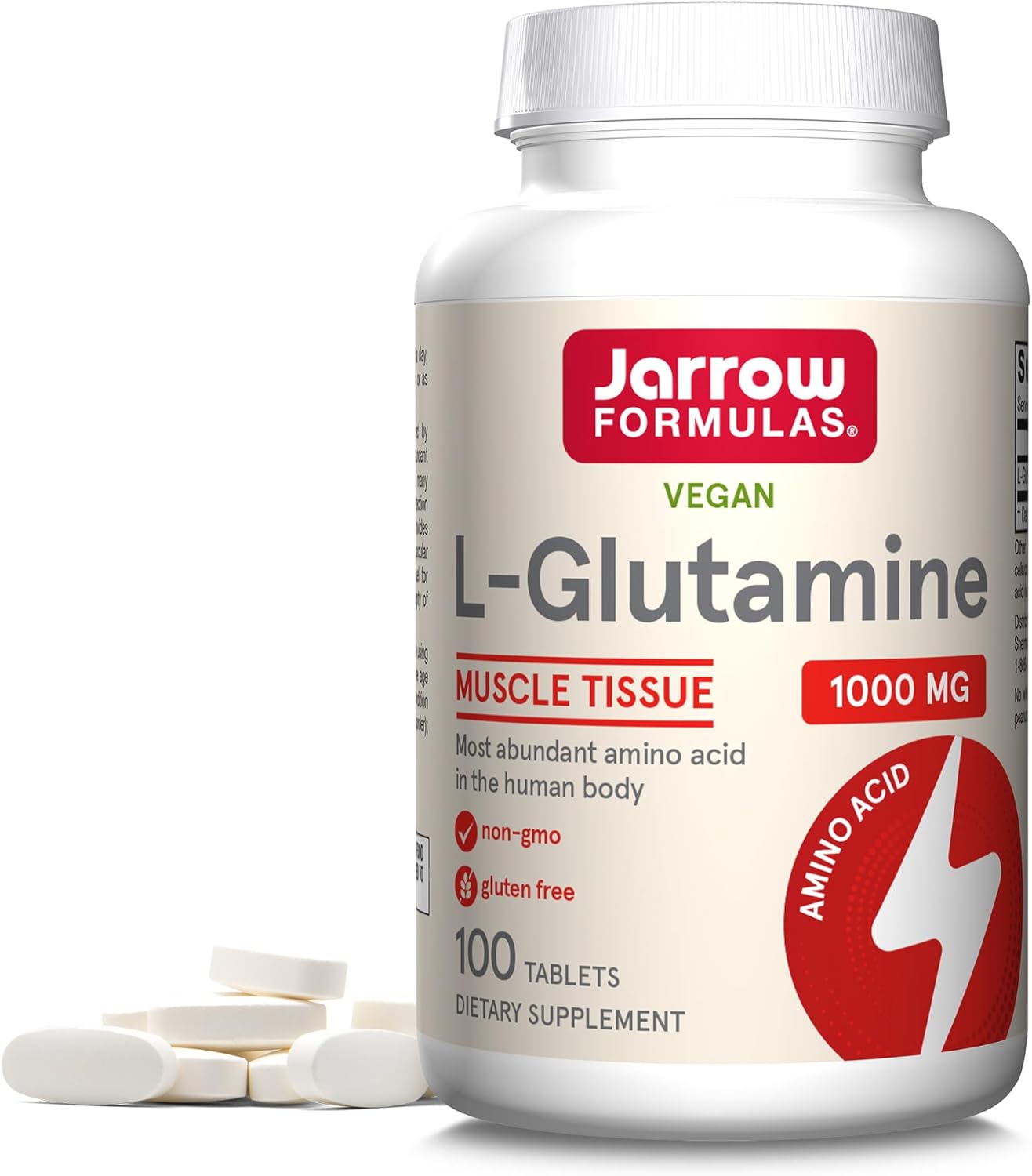 Front Image: Jarrow Formulas l glutamine 1000mg tablets 100 count front packaging bottle