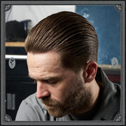 Lifestyle/use image: Uppercut Deluxe Resin and Rose Pomade 100g classic men hairstyle styling routine
