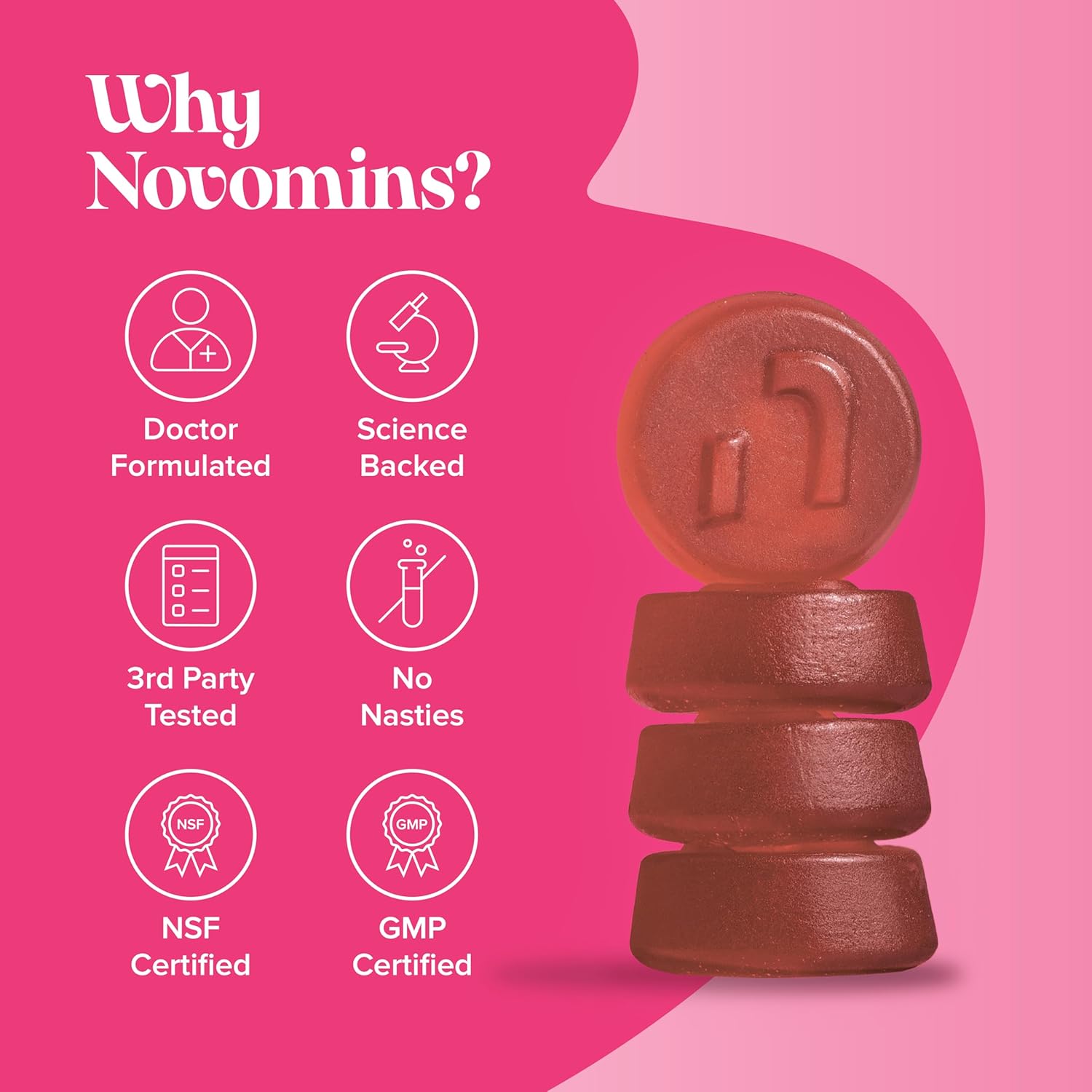 Novomins Folic Acid Gummies 400mcg Peach 90 Count vegan gummies supplement close up