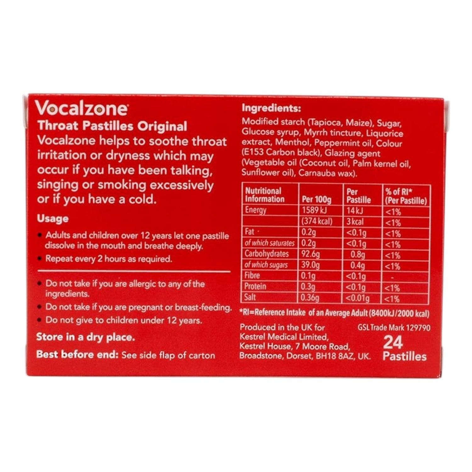Vocalzone Original Throat Pastilles active ingredients and product information