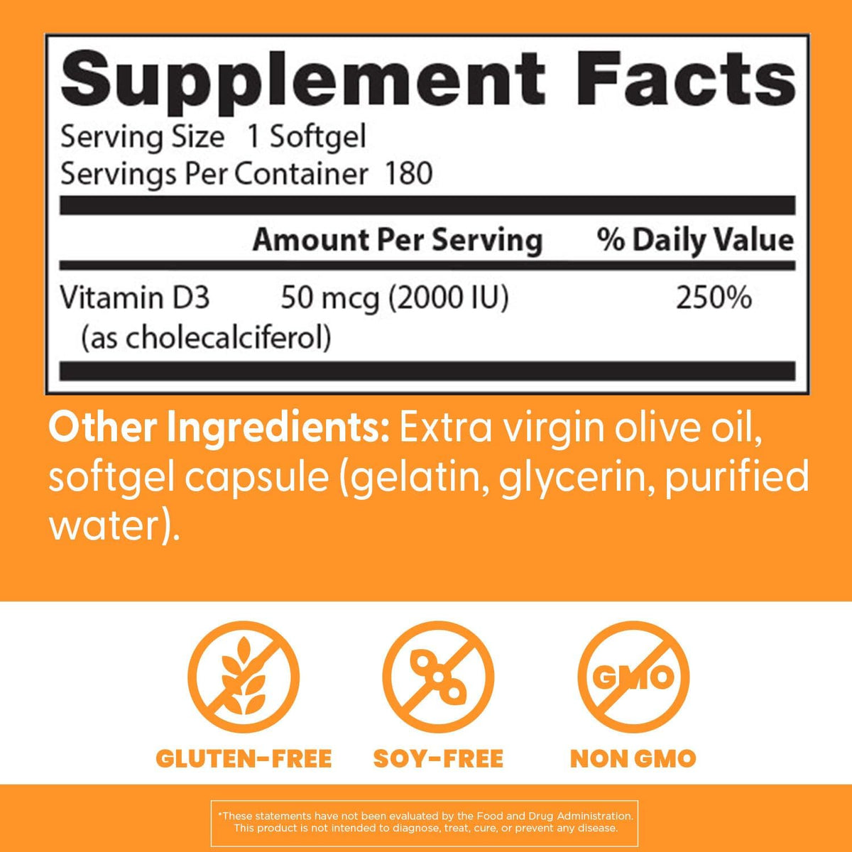 Doctor's Best Vitamin D3, bottle packaging, unflavoured, 2000 IU 50mcg, 180 softgels, supplement facts and ingredients