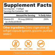 Doctor's Best Vitamin D3, bottle packaging, unflavoured, 2000 IU 50mcg, 180 softgels, supplement facts and ingredients