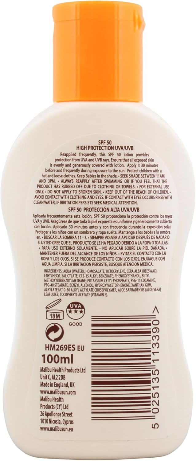 Malibu SPF50 Lotion Protection – 100ml Maximum Sun Defense with Hydrating Care