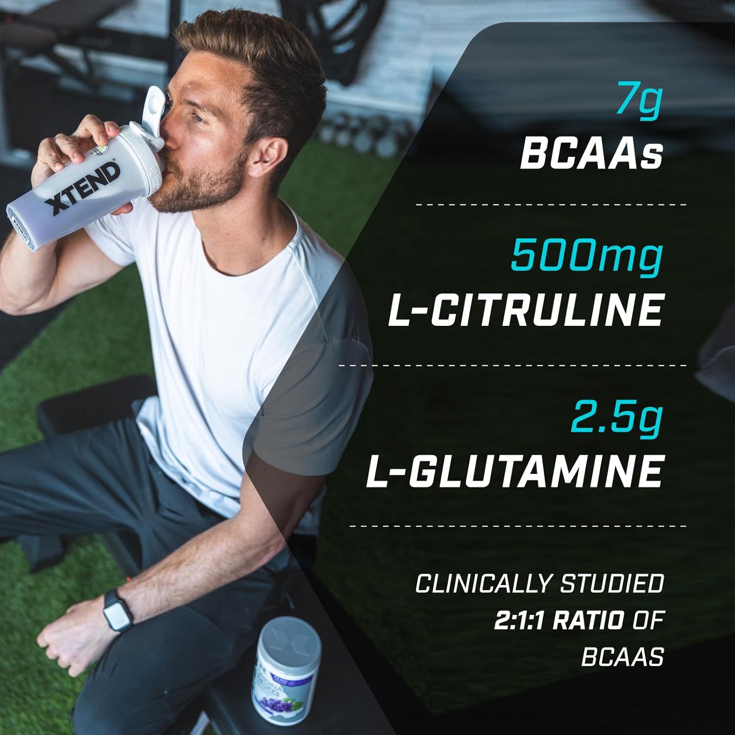 Supplement facts & ingredients image: XTEND Original BCAA Powder Strawberry Kiwi supplement facts ingredients tub powder 441g 30 servings