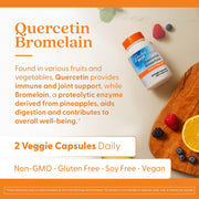 Doctor's Best Quercetin Bromelain, bottle packaging, unflavoured, 500mg quercetin and 250mg bromelain, 180 veggie capsules, daily use instructions