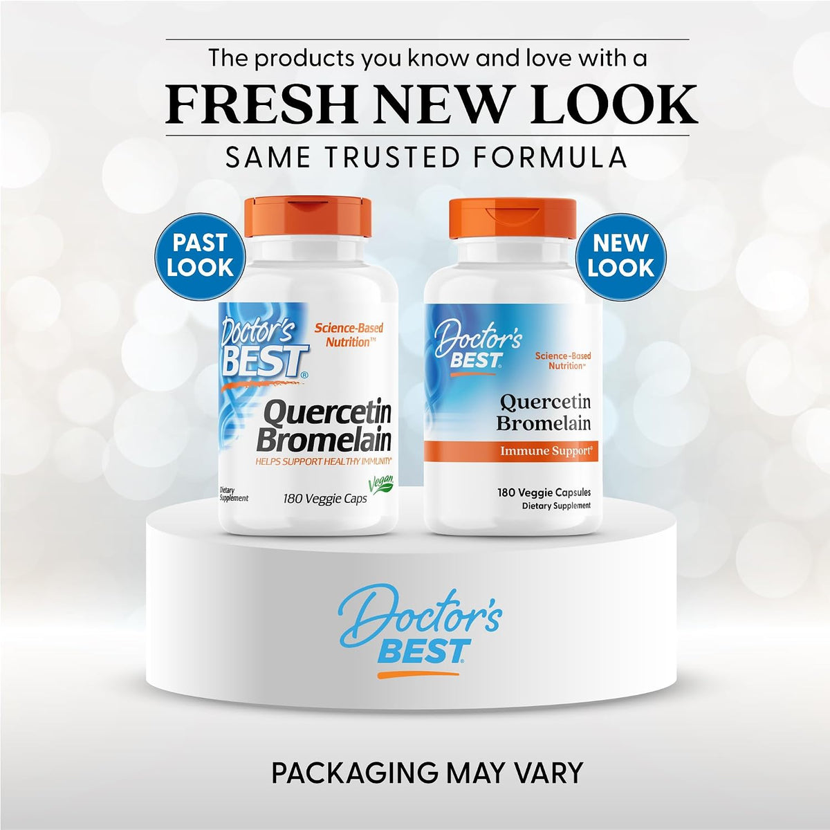 Doctor's Best Quercetin Bromelain, bottle packaging, unflavoured, 500mg quercetin and 250mg bromelain, 180 veggie capsules, new packaging