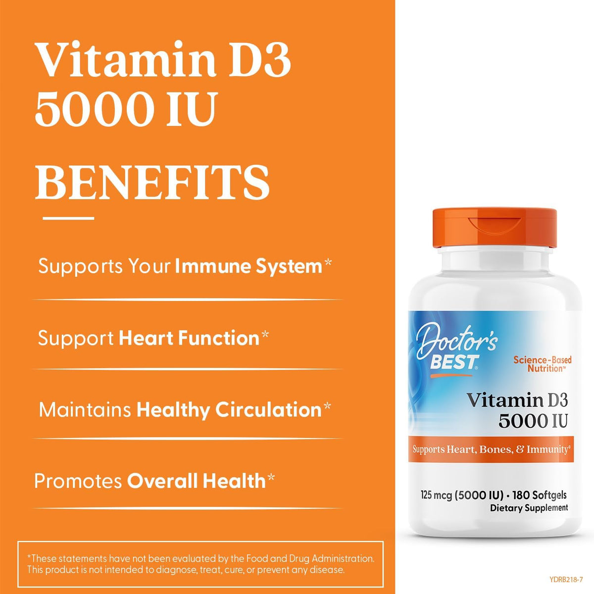 Doctor's Best Vitamin D3, bottle packaging, unflavoured, 5000 IU 125mcg, 180 softgels, daily dietary supplement use