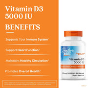 Doctor's Best Vitamin D3, bottle packaging, unflavoured, 5000 IU 125mcg, 180 softgels, daily dietary supplement use