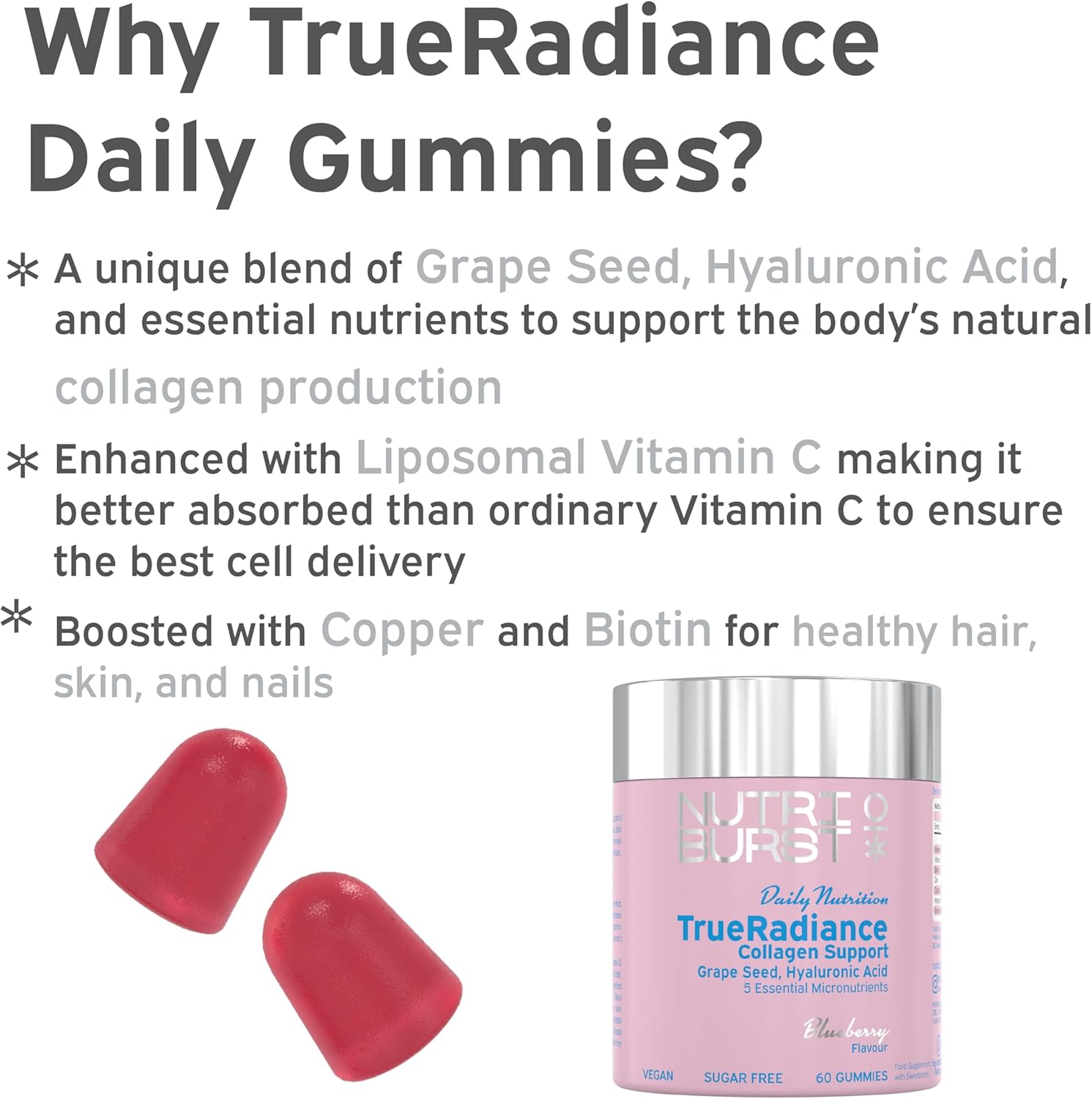 Nutriburst TrueRadiance Collagen Support Gummies jar, blueberry, 60 count.