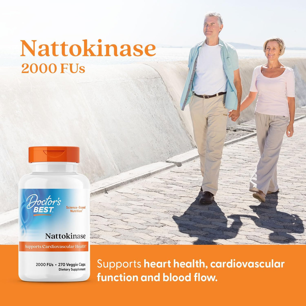 Doctor's Best Nattokinase, bottle packaging, unflavoured, 2000 FU, 90 or 270 veggie capsules, daily dietary supplement use