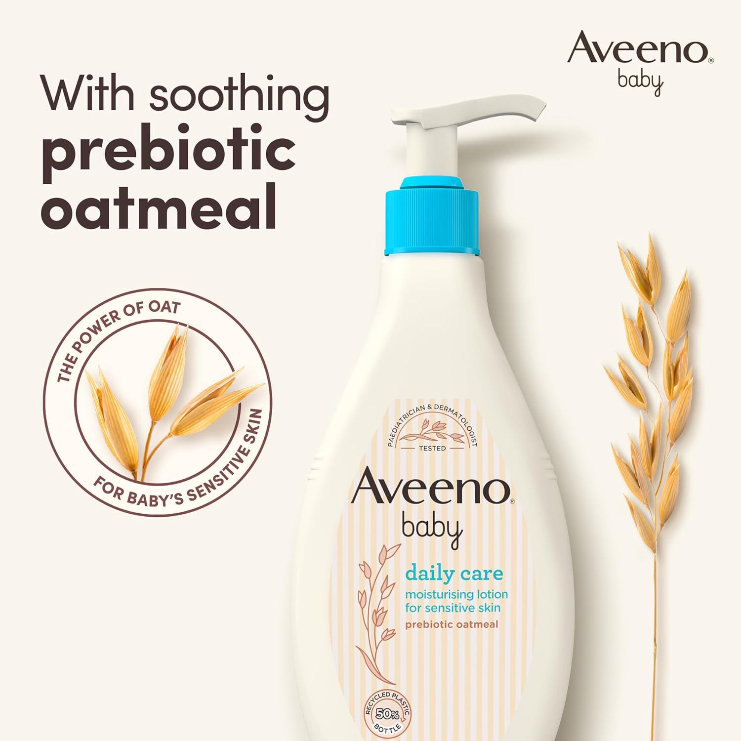 Back of Aveeno Baby Lotion bottle showing ingredients and instructions.