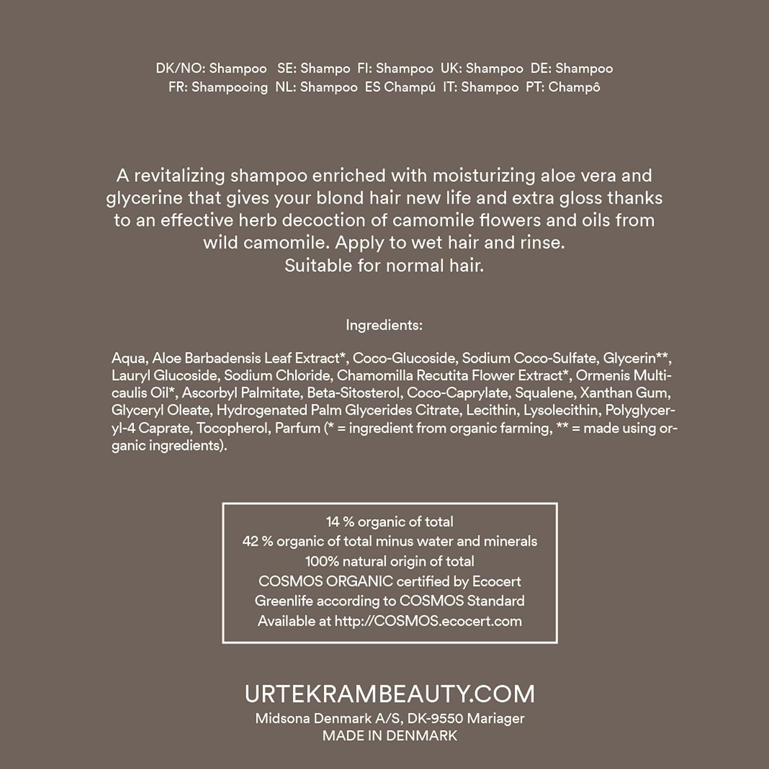 Urtekram Blond Hair Camomile Shampoo, shampoo bottle packaging, mild chamomile fragrance, 500ml, ingredients information
