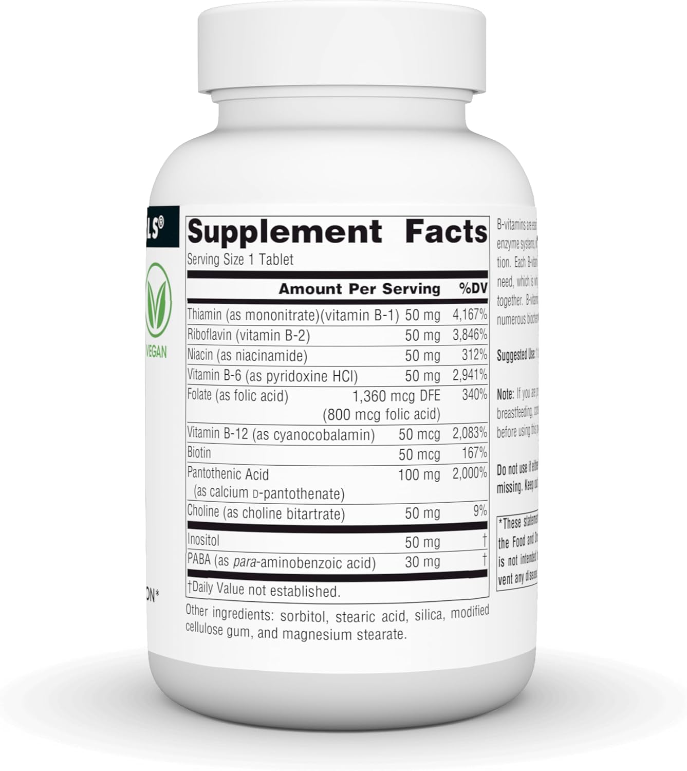 Supplement facts & ingredients image: Source Naturals B-50 Complex 50mg tablets ingredient panel 100 count