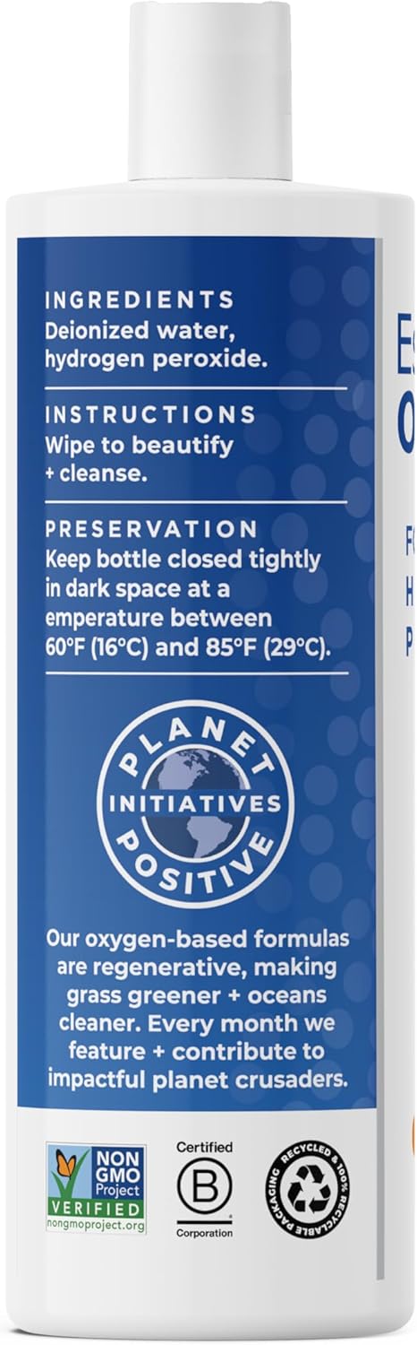 Label of Essential Oxygen Hydrogen Peroxide showing usage instructions and safety information.