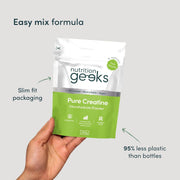 Nutrition Geeks Pure Creatine Monohydrate Powder, supplement pouch packaging, Unflavoured, 315g, daily supplement mixing use