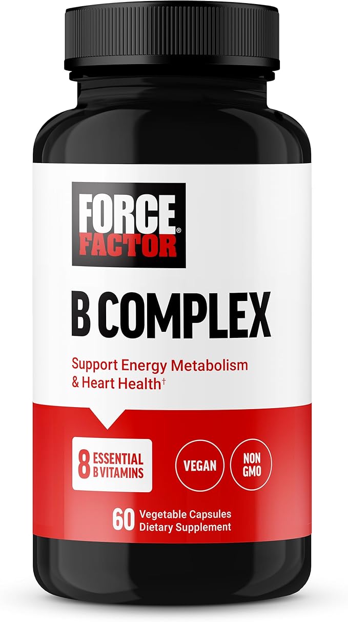 Force Factor Vitamin B Complex supplement bottle, 60 vegan capsules.
