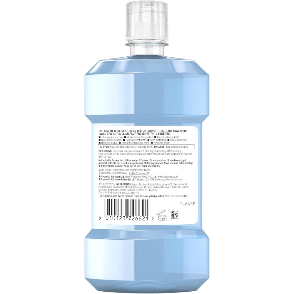Listerine Total Care Stay White Intense Mint Mouthwash oral rinse bottle 500ml ingredients & barcode