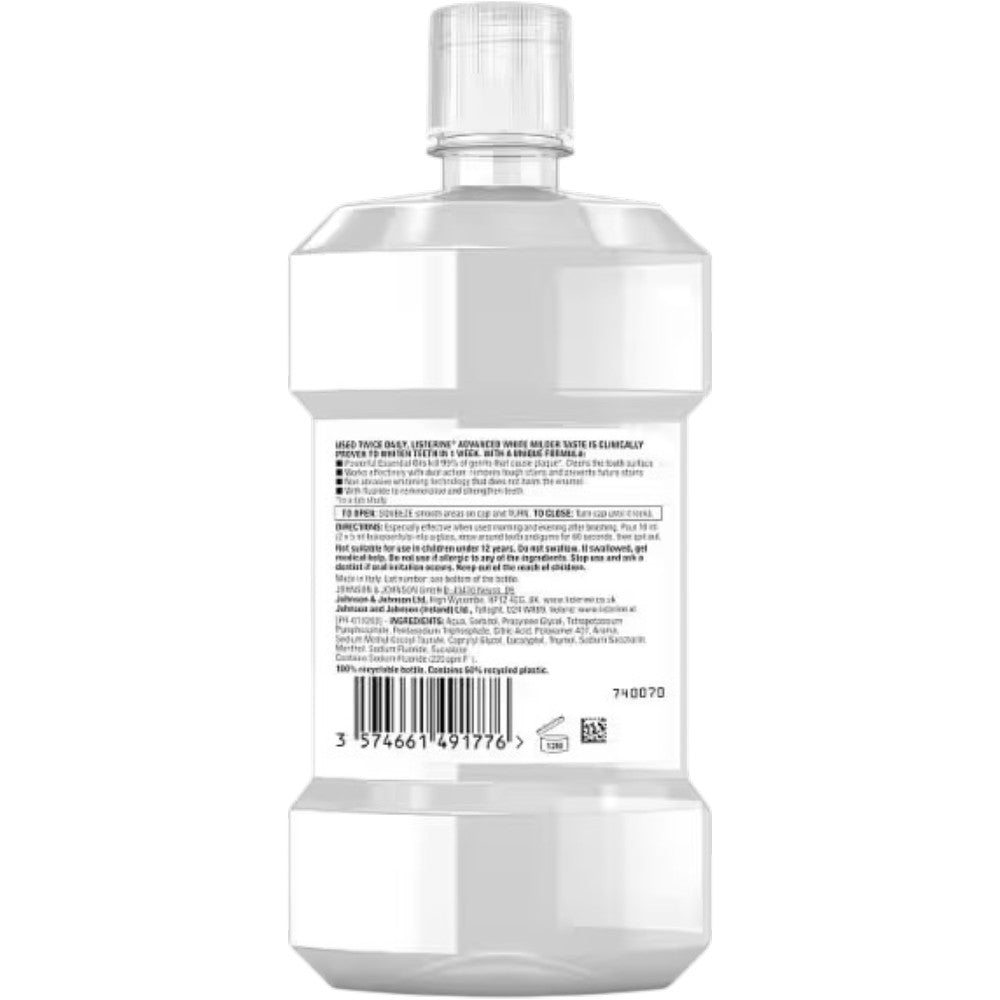 Listerine Advanced White Milder Taste Mouthwash zero alcohol oral rinse bottle 500ml ingredients & barcode