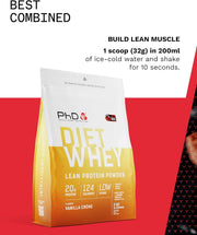 PhD Diet Whey Lean Protein Powder, resealable bag packaging, Vanilla Crème flavour, 2kg, protein shake preparation and use