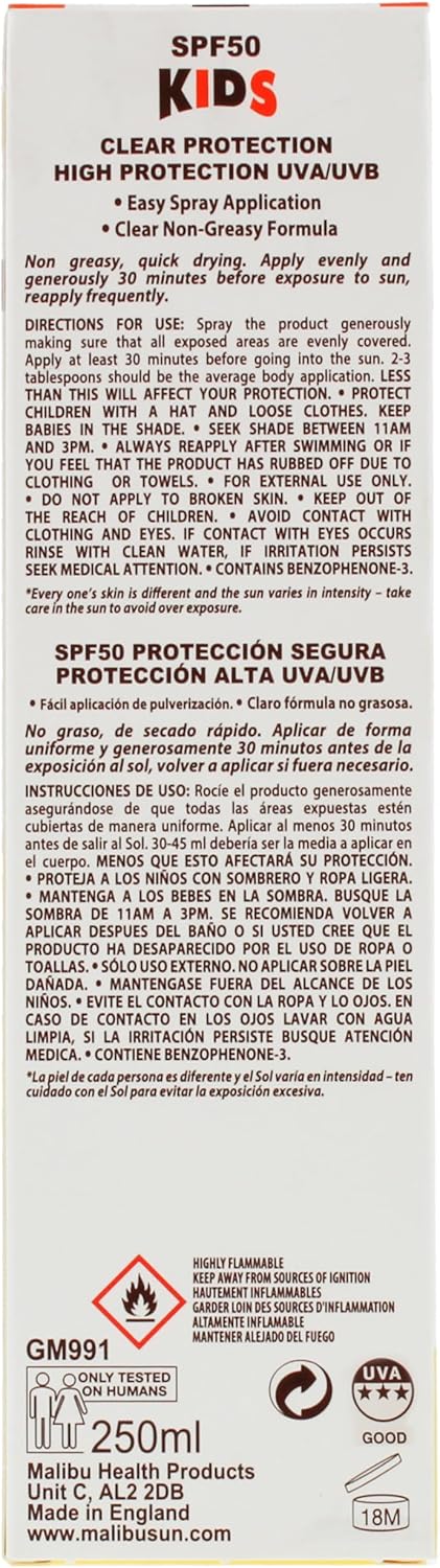 Malibu Clear Protection SPF50 Kids Sunscreen Spray ingredients label 200ml bottle