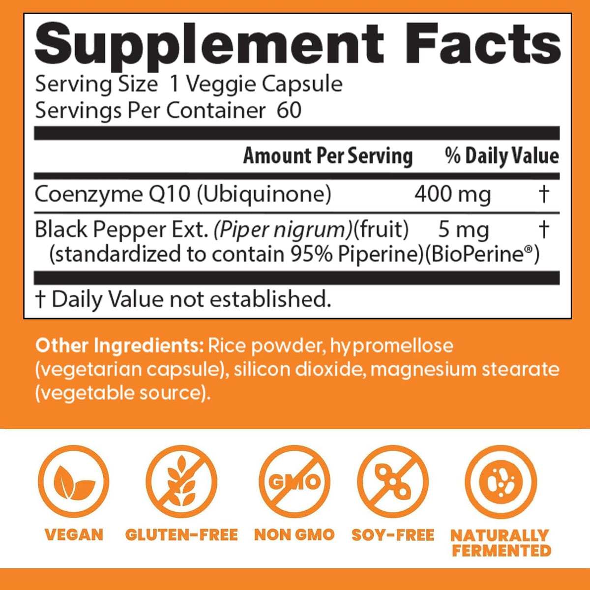 Doctor's Best High Absorption CoQ10 with BioPerine, bottle packaging, unflavoured, 400mg, 60 veggie capsules, supplement facts and ingredients