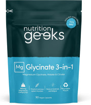 Nutrition Geeks Magnesium Glycinate 3-in-1, vegan food supplement capsule packaging, no flavour, 90 capsules