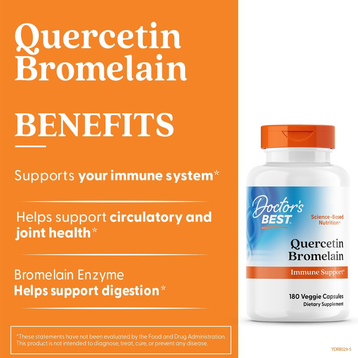 Doctor's Best Quercetin Bromelain, bottle packaging, unflavoured, 500mg quercetin and 250mg bromelain, 180 veggie capsules, daily dietary supplement use