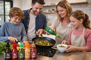 Lifestyle/use image: Flying Goose sriracha sauces served with meals chilli sauce 6 pack