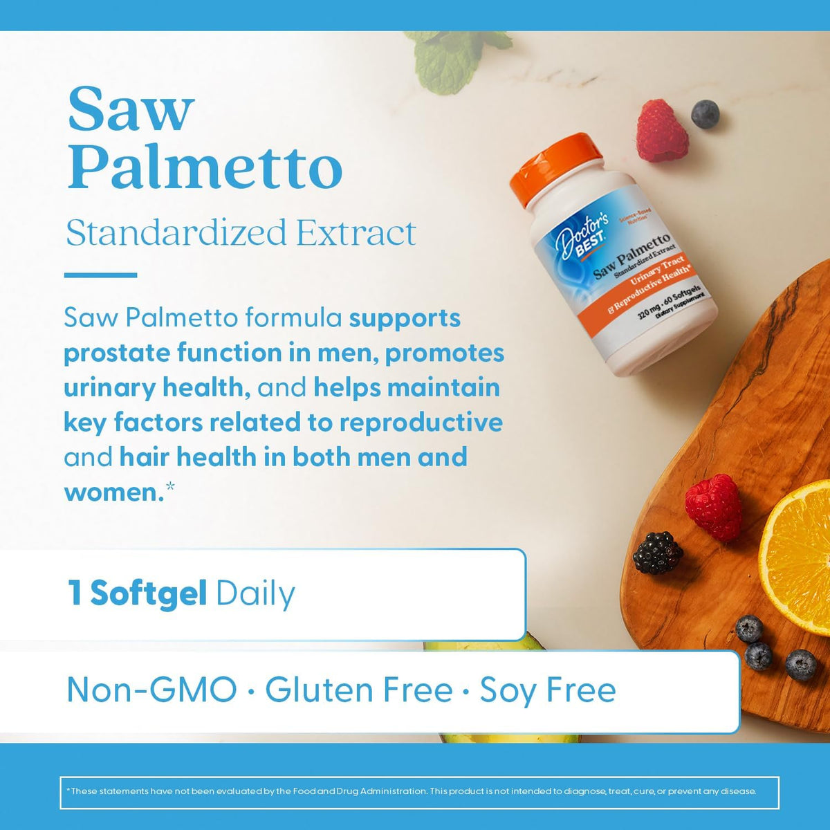 Doctor's Best Saw Palmetto 320mg Standardized Extract, bottle packaging, unflavoured, 320mg, 60 or 180 softgels, daily use instructions