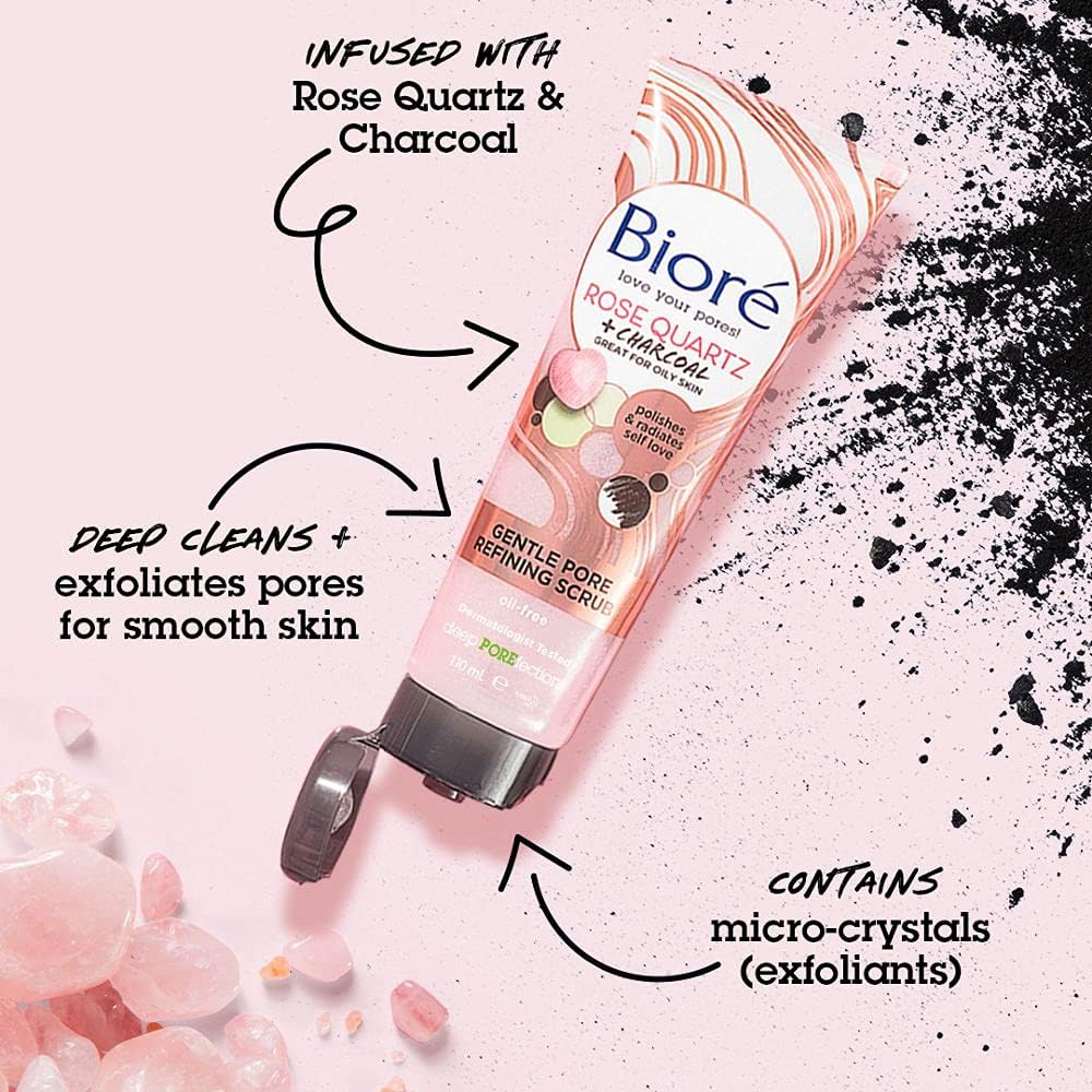 Bioré Rose Quartz + Charcoal Gentle Pore Refining Scrub ingredients panel 110ml facial exfoliator