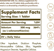 Solgar Yeast-Free Selenium 200mcg, dietary supplement tablet bottle packaging, no flavour, 250 tablets, ingredients and nutritional information