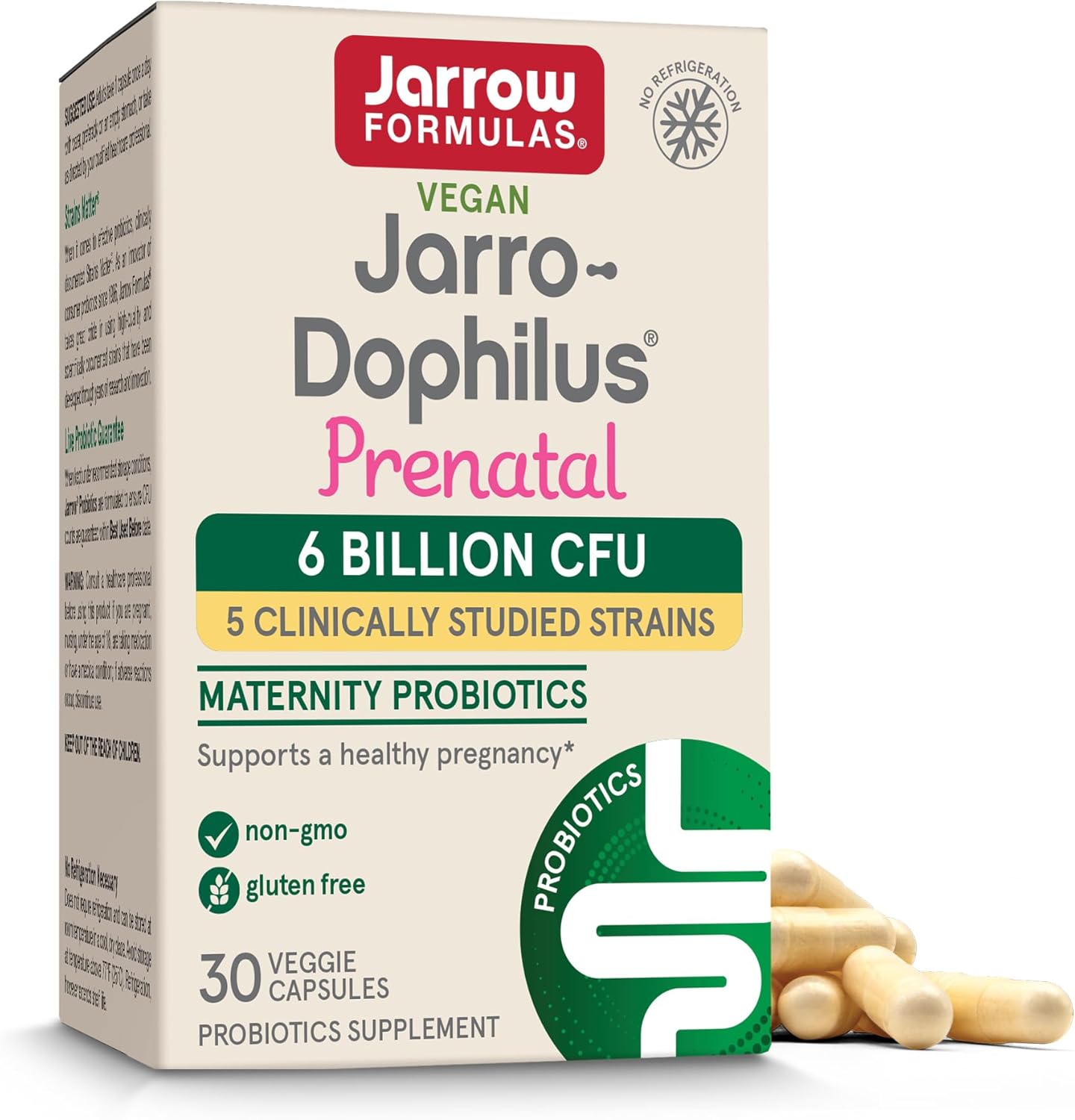 Front Image: Jarrow Formulas Jarro-Dophilus Prenatal 6 billion CFU veggie capsules 30 count front packaging box