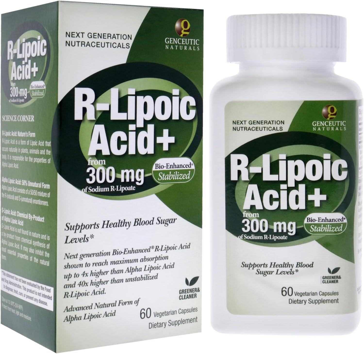 Genceutic Naturals R-Lipoic Acid 300mg capsules bottle & box front label 60 capsules