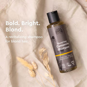 Urtekram Blond Hair Camomile Shampoo, shampoo bottle packaging, mild chamomile fragrance, 250ml, ingredients information