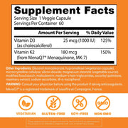 Doctor's Best Natural Vitamin K2 MK-7 plus D3, bottle packaging, unflavoured, 180mcg, 60 veggie capsules, supplement facts and ingredients