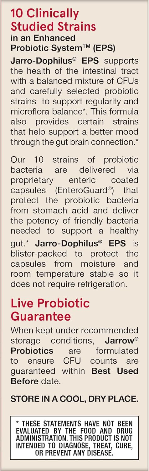 Side Image: Jarrow Formulas Jarro Dophilus EPS 50 billion CFU probiotic 30 veggie capsules front packaging
