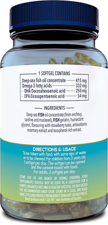 Supplement facts and instructions for Minami Kids DHA chewable softgels.