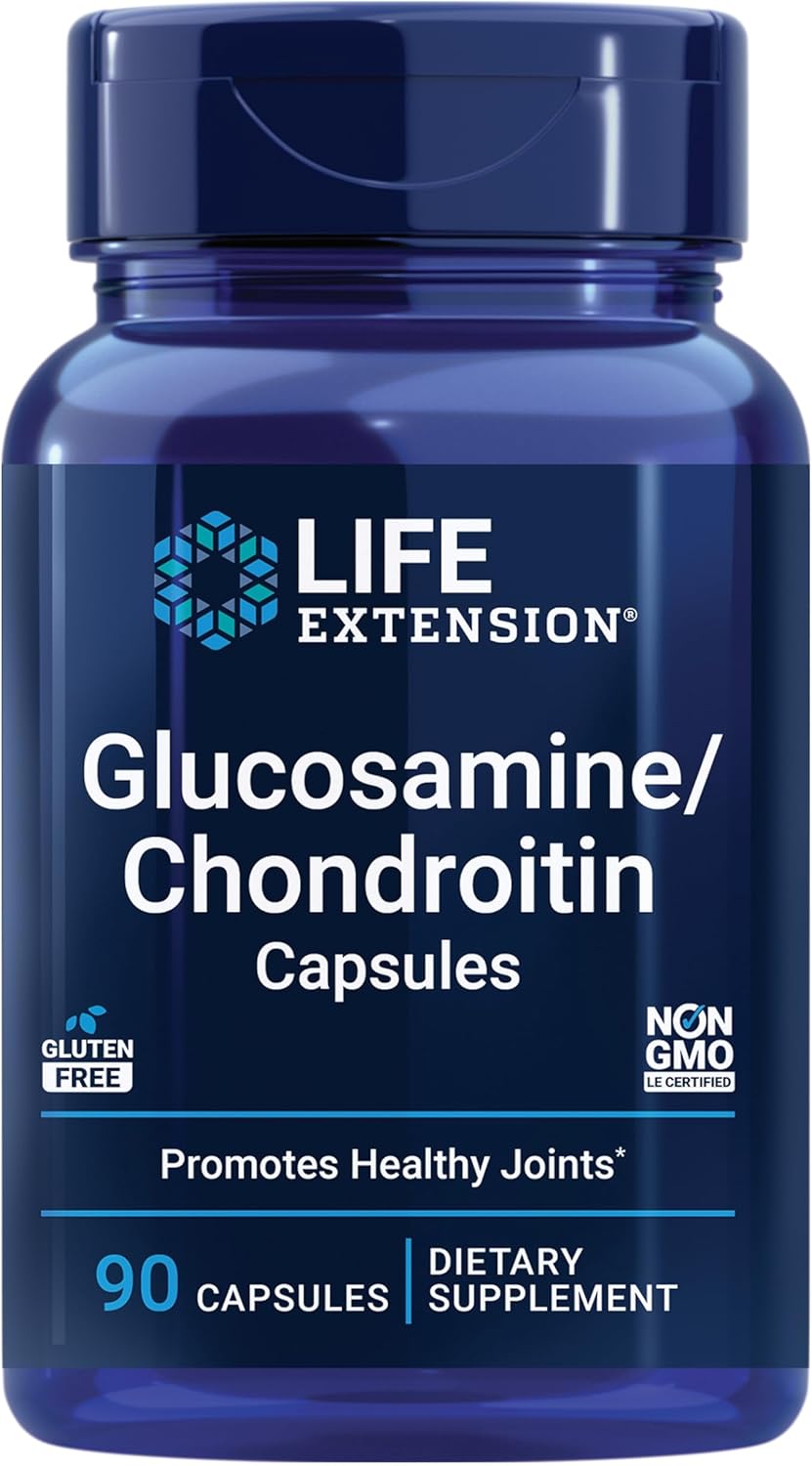 Life Extension Glucosamine & Chondroitin Sulfate supplement bottle, 90 capsules for joint support.