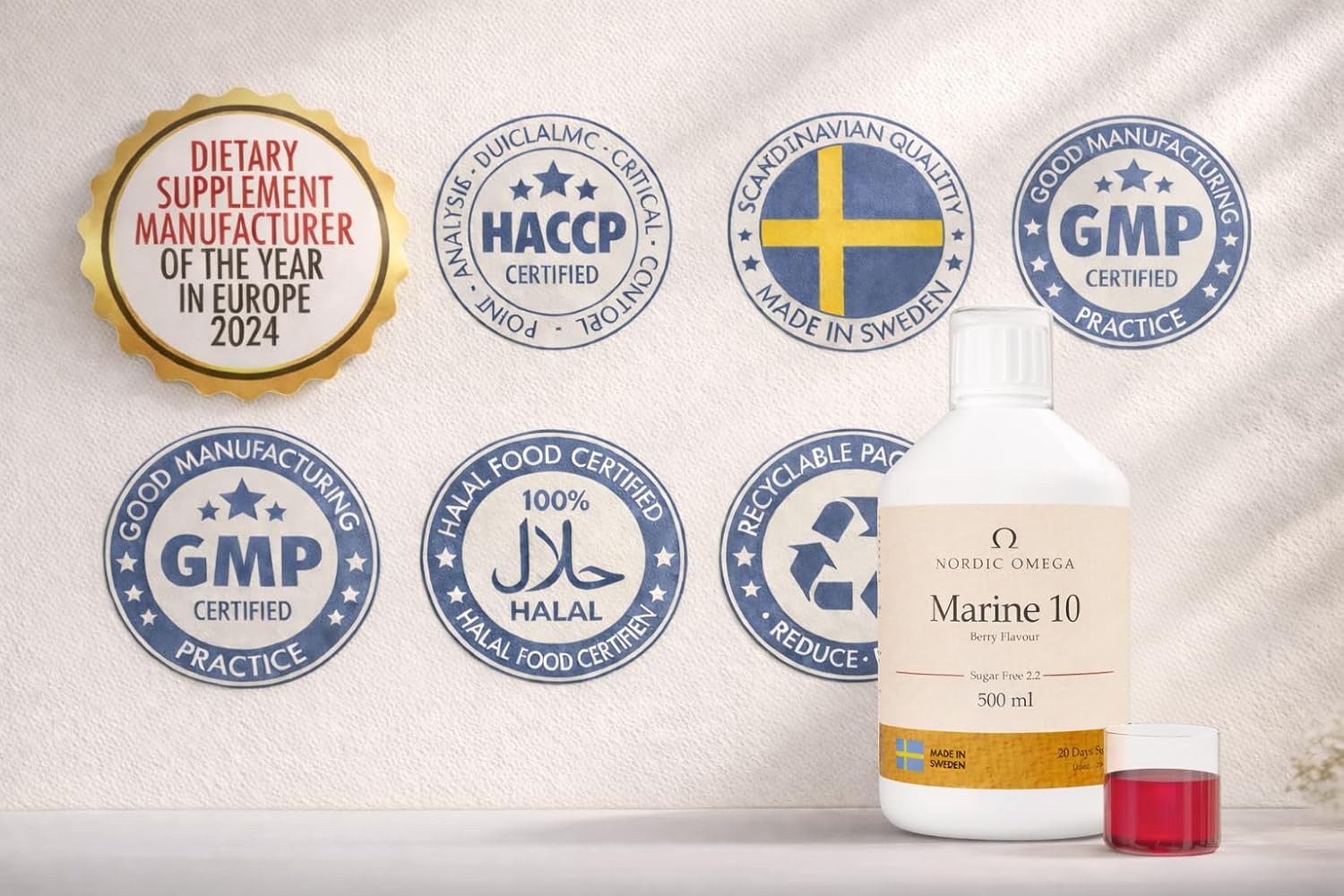 Nordic Omega Marine Collagen 10 Liquid Berry 500ml seal & certifications