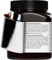 Close-up of MGO certification and quality seals on label.