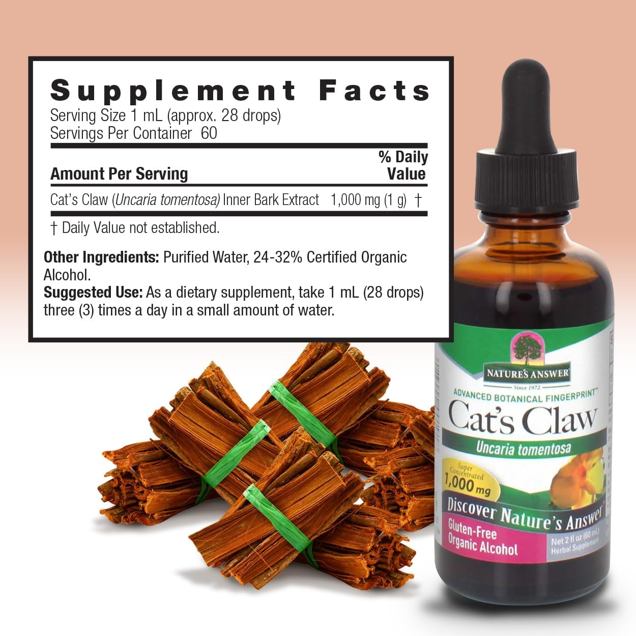 Nature’s Answer Cat’s Claw supplement facts low alcohol 60ml back label on a light pink background
