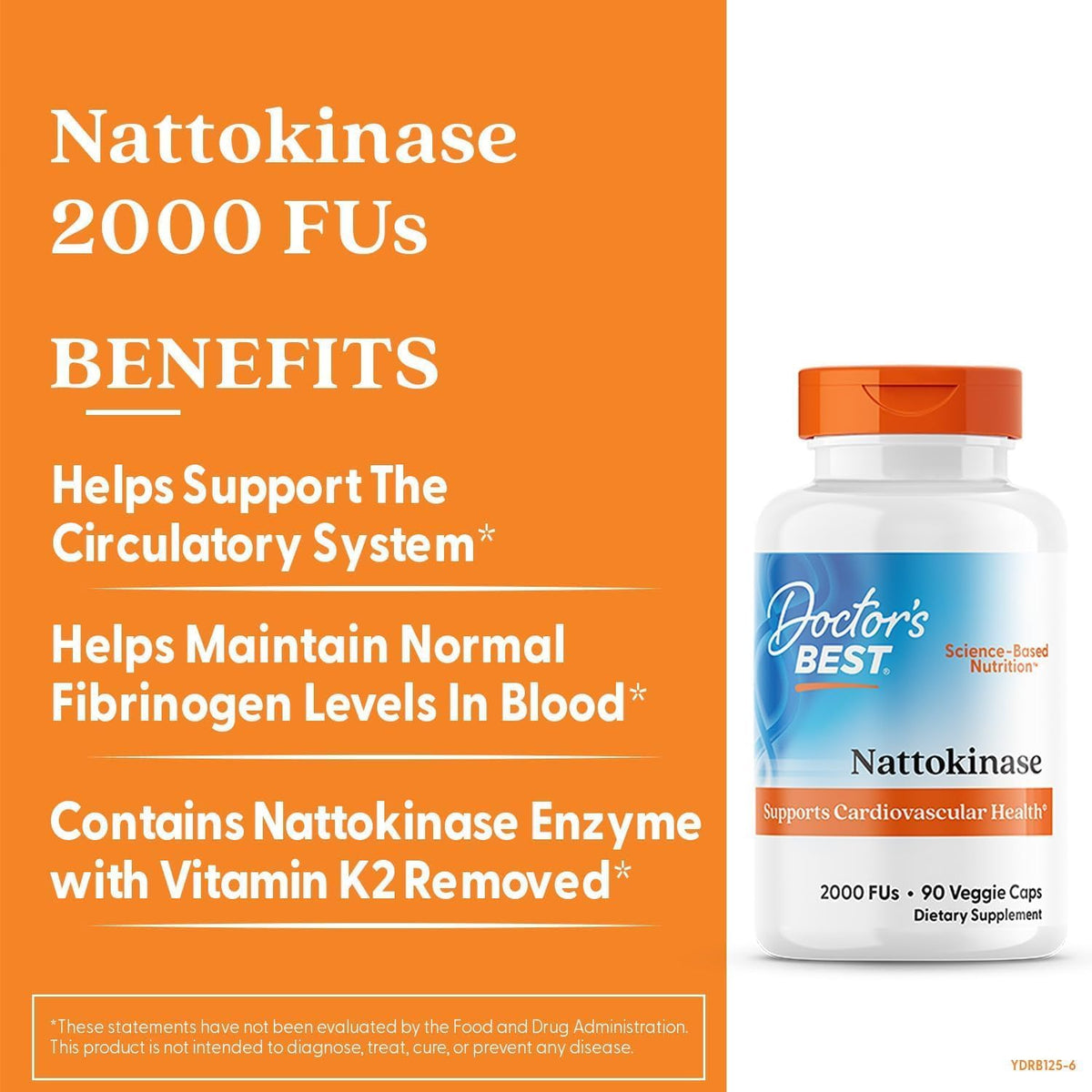 Doctor's Best Nattokinase, bottle packaging, unflavoured, 2000 FU, 90 or 270 veggie capsules, daily dietary supplement use