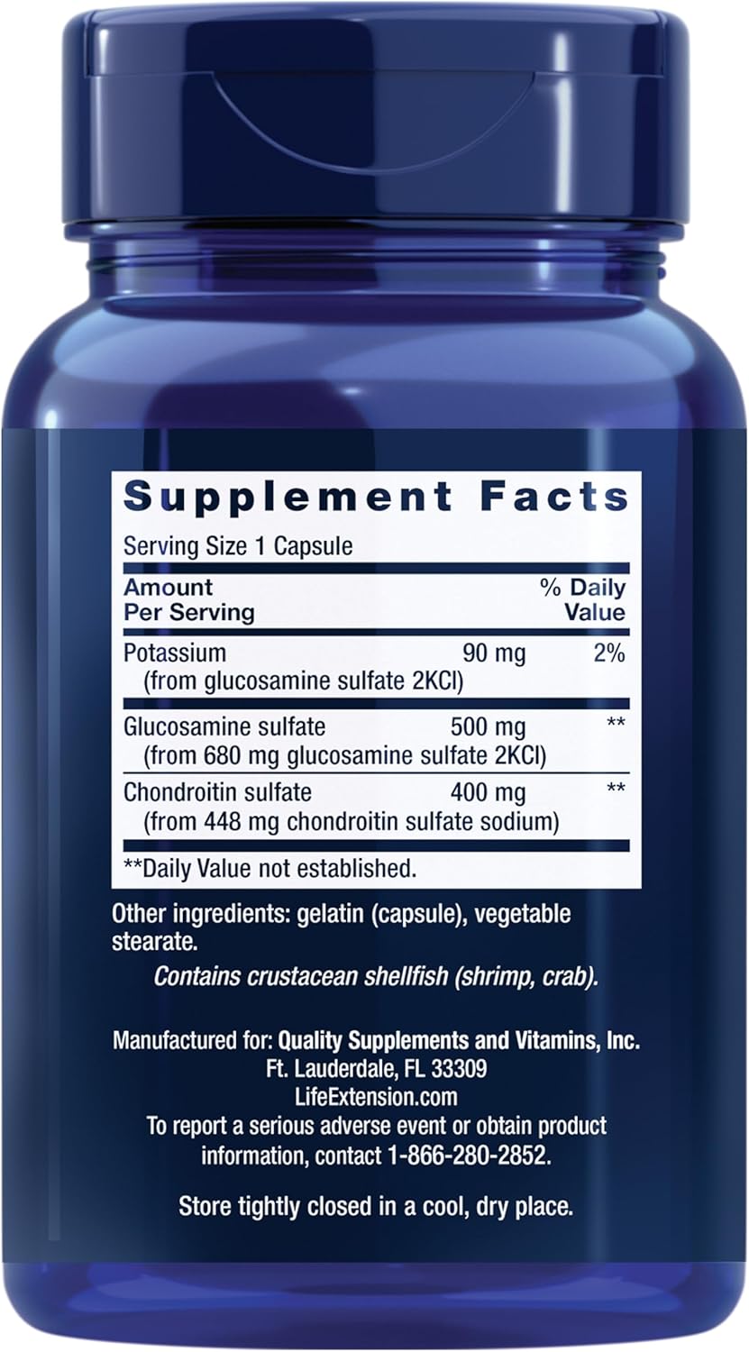 Supplement facts label for Life Extension Glucosamine Chondroitin capsules, showing dosage and ingredients.