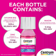 Centrum Energy & Vitality Vitamin B12 Liquid Shot, carton packaging with individual bottles, raspberry flavour, 15 x 7ml, product information